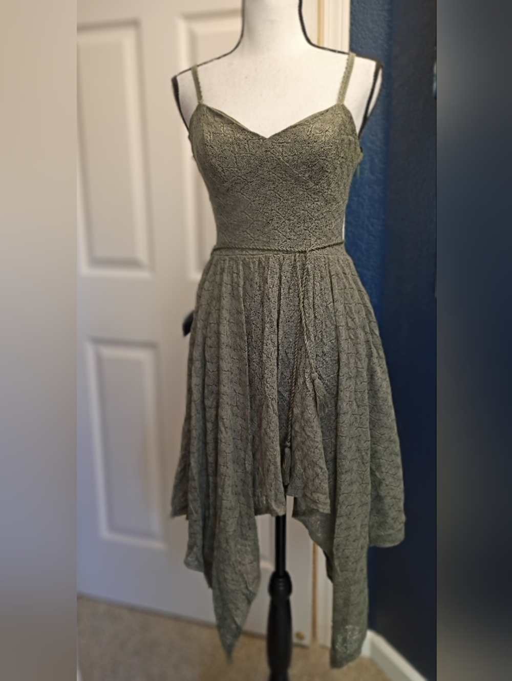 bebe Olive Green Lace Asymmetrical Handkerchief Hem Dress